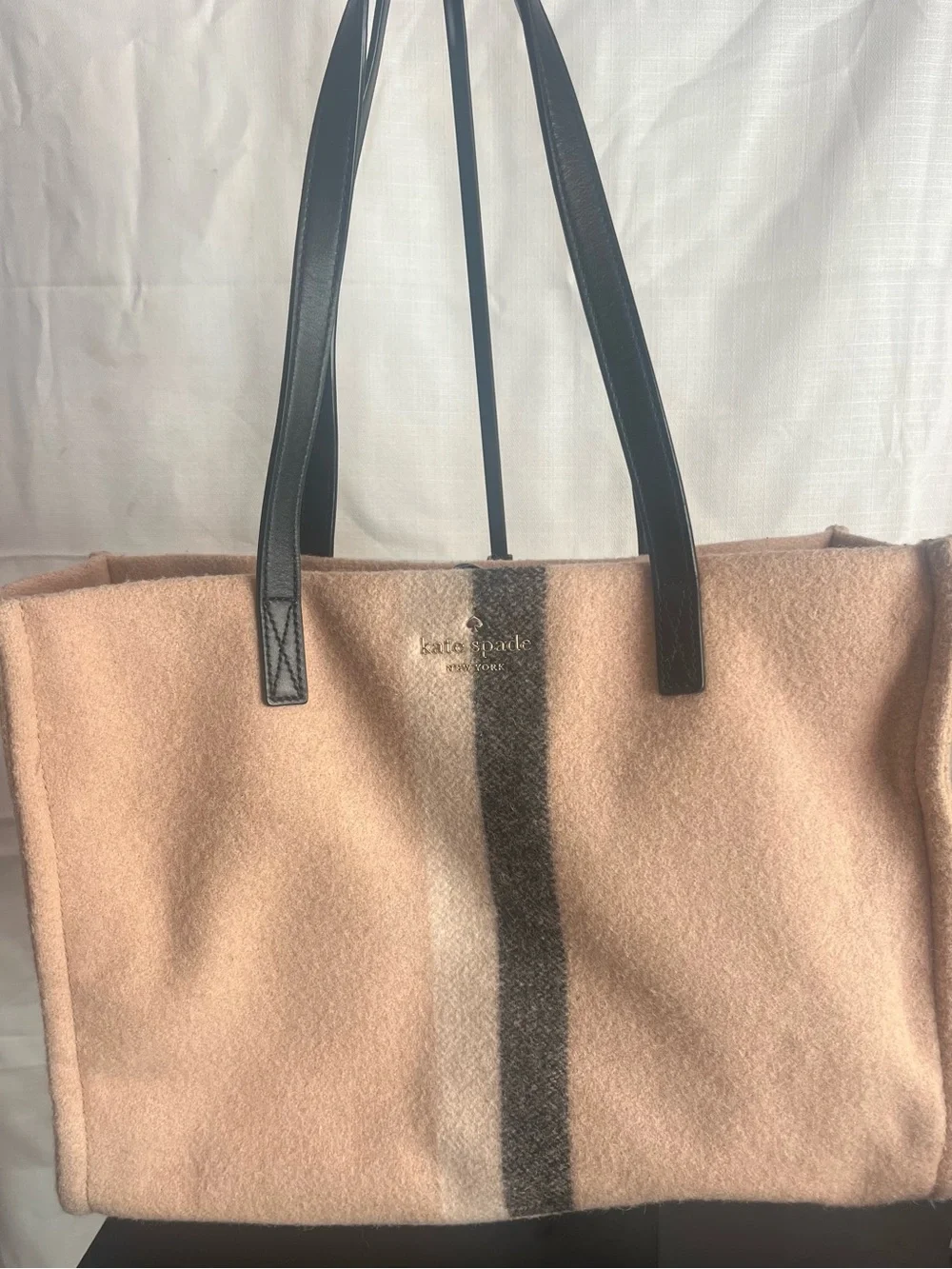kate spade beige wool tote with black straps and gray center stripe